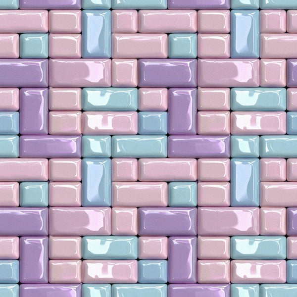 pastel colors, pink blocks, purple blocks, blue blocks, mint green, geometric pattern, brick layout,, fabric panel, glossy finish, rectangular shapes, soft pastels, lavender, baby blue, rose pink, seamless repeat, modern geometric, building blocks, tessellation, crafting fabric