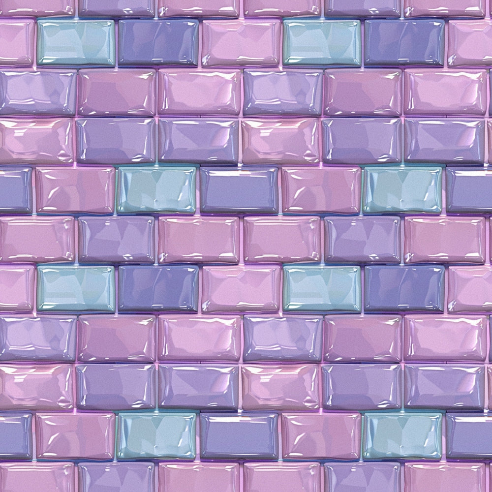 fabric panel, geometric pattern, rectangular tiles, beveled edges, glossy finish, purple shades, lavender, turquoise accents, aqua blue, dimensional appearance, 3d effect, mosaic design, subway tile pattern, iridescent surface, repeating motif, craft fabric, sewing material, patchwork suitable, modern geometric