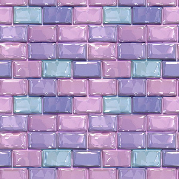 fabric panel, geometric pattern, rectangular tiles, beveled edges, glossy finish, purple shades, lavender, turquoise accents, aqua blue, dimensional appearance, 3d effect, mosaic design, subway tile pattern, iridescent surface, repeating motif, craft fabric, sewing material, patchwork suitable, modern geometric