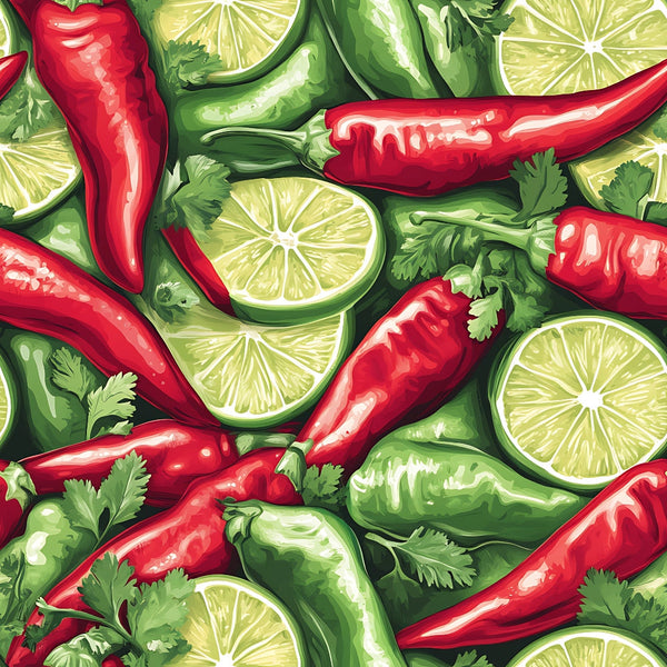 red chili peppers, green jalapeños, lime slices, cilantro leaves, vibrant red, bright green, yellow-green, seamless pattern, mexican cuisine, spicy food, botanical illustration, realistic style,, fabric panel, cooking theme, kitchen motif, fresh herbs, citrus fruits, repeating design, culinary pattern