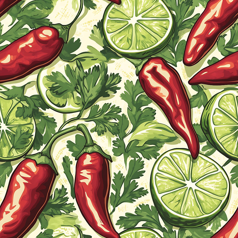 red chili peppers, lime slices, green parsley, cream background, botanical pattern, spicy theme, kitchen motif, vibrant colors, illustrated vegetables, cooking ingredients,, fabric panel, culinary design, fresh herbs, citrus fruits, hand-drawn style, seamless repeat, food illustration, bright green, deep red