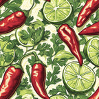 red chili peppers, lime slices, green parsley, cream background, botanical pattern, spicy theme, kitchen motif, vibrant colors, illustrated vegetables, cooking ingredients,, fabric panel, culinary design, fresh herbs, citrus fruits, hand-drawn style, seamless repeat, food illustration, bright green, deep red