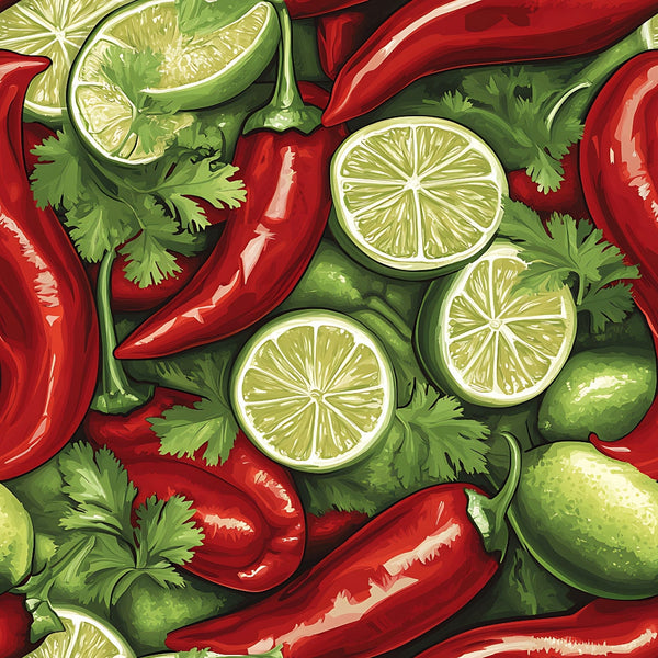 red peppers, green limes, cilantro leaves, vibrant red, bright green, yellow-green, chili peppers, lime slices, fresh herbs, seamless pattern, food illustration, kitchen theme, spicy motif, mexican ingredients, cooking elements,, fabric panel, botanical design, culinary pattern, festive colors