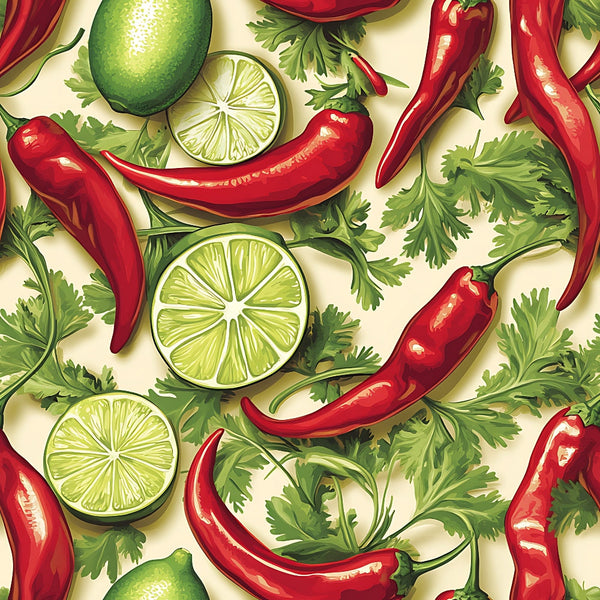 red chili peppers, lime slices, green cilantro, botanical illustration, kitchen theme, cooking ingredients, mexican cuisine, spicy peppers, citrus fruits, herb leaves, seamless pattern, vibrant colors, food motifs, culinary design,, fabric panel, detailed artwork, cooking theme, fresh ingredients, green and red