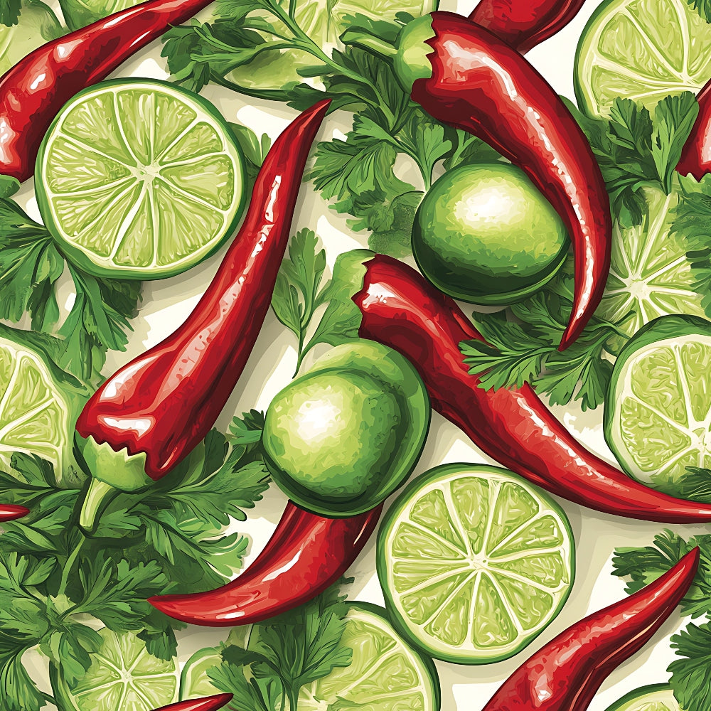 red chili peppers, green limes, lime slices, fresh cilantro, parsley leaves, vibrant colors, botanical pattern, food illustration, repeating design,, fabric panel, kitchen theme, mexican cuisine, spicy peppers, citrus fruits, herb leaves, bright green, deep red, cream background, cooking ingredients