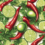 red chili peppers, green limes, lime slices, fresh cilantro, parsley leaves, vibrant colors, botanical pattern, food illustration, repeating design,, fabric panel, kitchen theme, mexican cuisine, spicy peppers, citrus fruits, herb leaves, bright green, deep red, cream background, cooking ingredients
