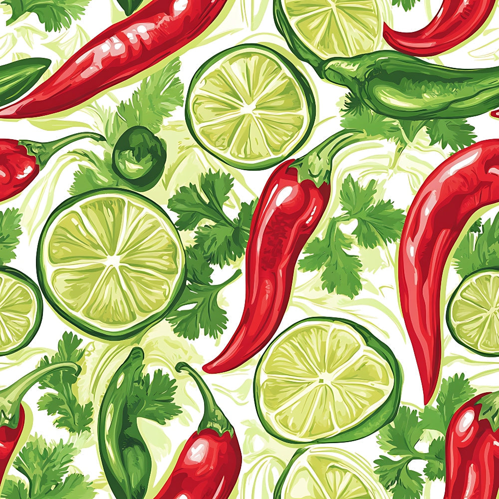 red chili peppers, lime slices, green cilantro, bright red, lime green, white background, mexican cuisine, spicy food, cooking ingredients, seamless pattern, vibrant colors, kitchen theme,, fabric panel, fresh herbs, citrus fruits, hot peppers, culinary design, repeating motif, food illustration