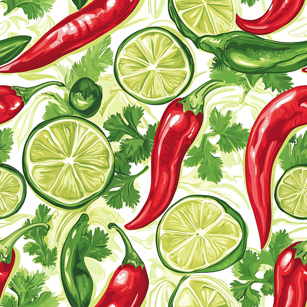 red chili peppers, lime slices, green cilantro, bright red, lime green, white background, mexican cuisine, spicy food, cooking ingredients, seamless pattern, vibrant colors, kitchen theme,, fabric panel, fresh herbs, citrus fruits, hot peppers, culinary design, repeating motif, food illustration