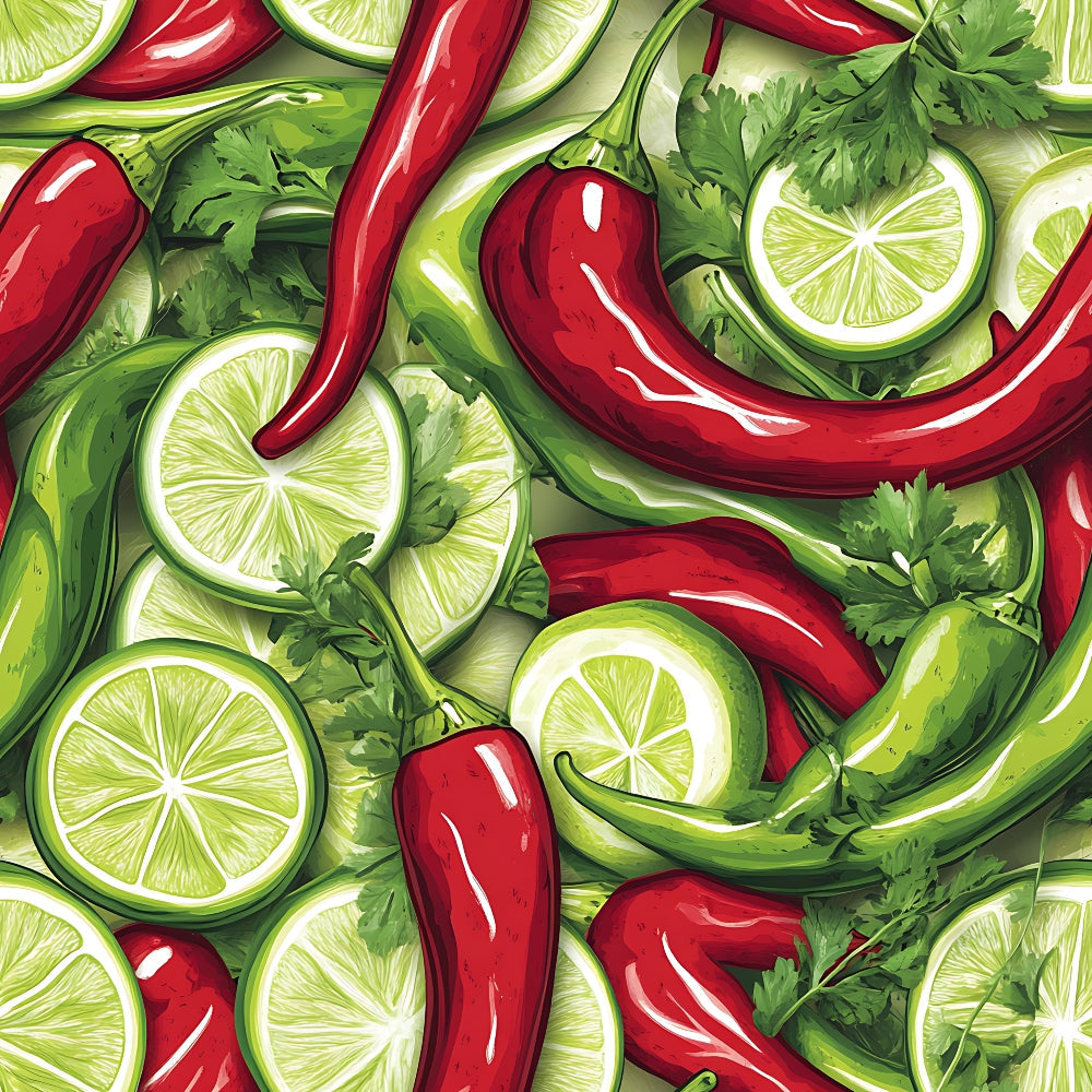 chili peppers, lime slices, cilantro, parsley, red peppers, green limes, white citrus flesh, vibrant colors, food pattern, kitchen theme, cooking ingredients, spicy motif, botanical design, fresh herbs, mexican cuisine,, fabric panel, seamless repeat, culinary art, glossy peppers