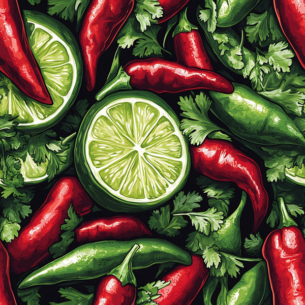 chili peppers, red peppers, green limes, lime slices, cilantro leaves, parsley, vibrant red, bright green, fresh herbs, citrus fruits, spicy vegetables, botanical pattern, food illustration, mexican cuisine, cooking ingredients,, fabric panel, colorful produce, kitchen theme, culinary design