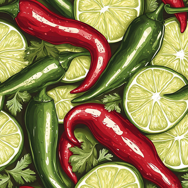 red peppers, green peppers, lime slices, cilantro, bright green, crimson red, yellow-green, botanical pattern, vegetable design, chili peppers, herb leaves, citrus slices, vibrant colors, food illustration, cooking theme, spicy motif,, fabric panel, kitchen garden, fresh produce