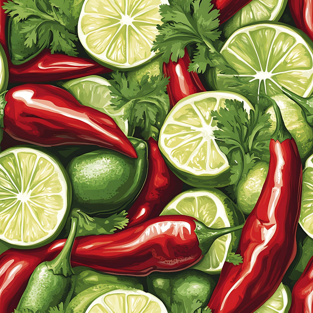 chili peppers, lime slices, cilantro, red peppers, green limes, citrus fruits, fresh herbs, vibrant colors, mexican cuisine, spicy food, botanical illustration, seamless pattern,, fabric panel, cooking ingredients, kitchen theme, food motif, bright green, deep red, tropical colors