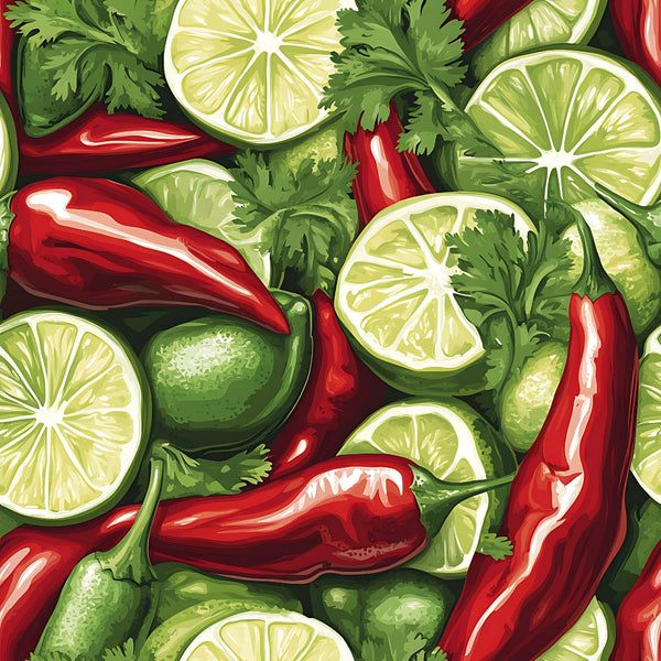 chili peppers, lime slices, cilantro, red peppers, green limes, citrus fruits, fresh herbs, vibrant colors, mexican cuisine, spicy food, botanical illustration, seamless pattern,, fabric panel, cooking ingredients, kitchen theme, food motif, bright green, deep red, tropical colors