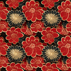 red flowers, black flowers, gold accents, cream centers, floral pattern, asian inspired, ornate blooms, repeating motif,, fabric panel, chinese style, decorative flowers, lunar themed, rich red, deep black, elegant design, oriental florals, festive colors