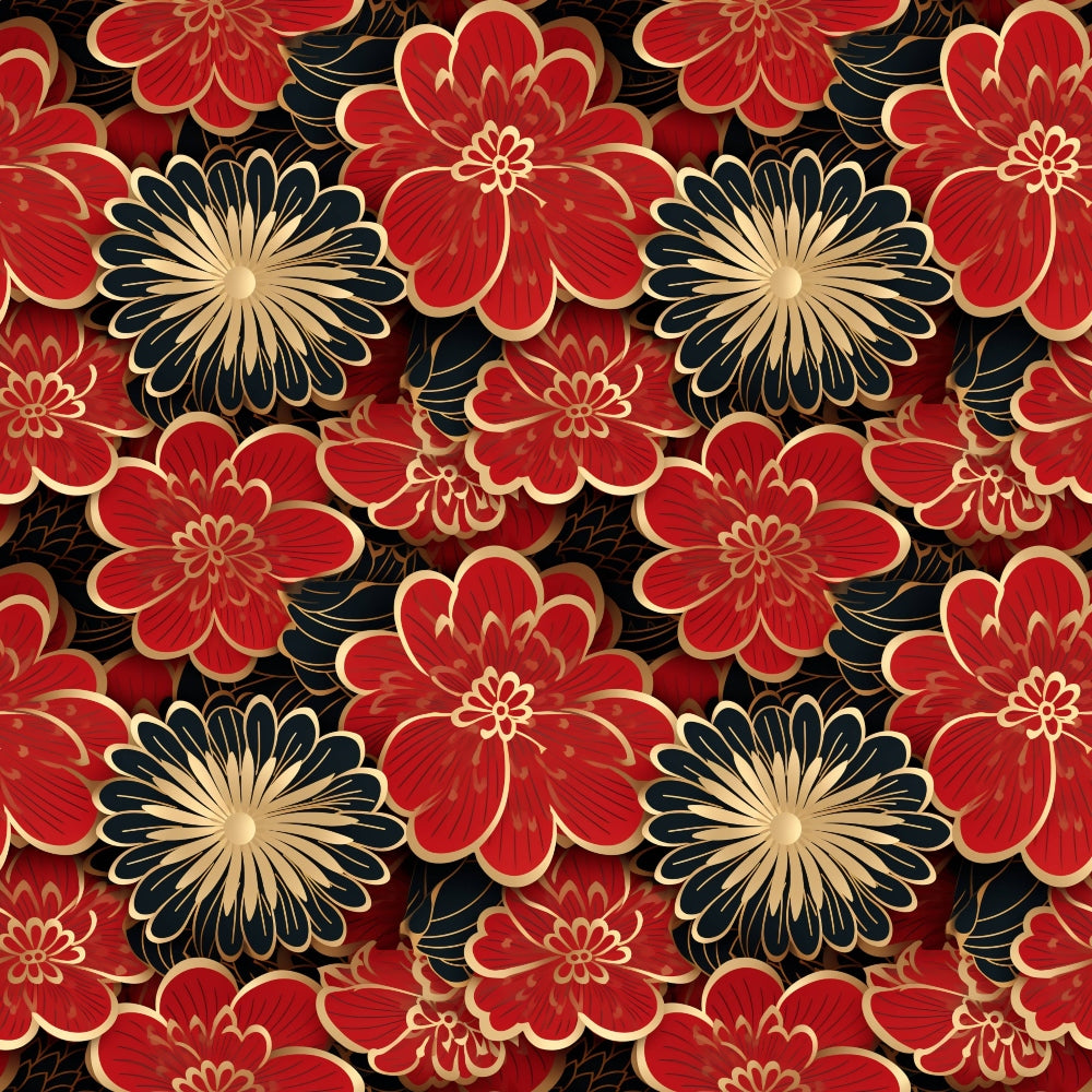 red flowers, black flowers, gold accents, cream centers, floral pattern, asian inspired, ornate blooms, repeating motif, quilting cotton, fabric panel, chinese style, decorative flowers, lunar themed, rich red, deep black, elegant design, oriental florals, festive colors