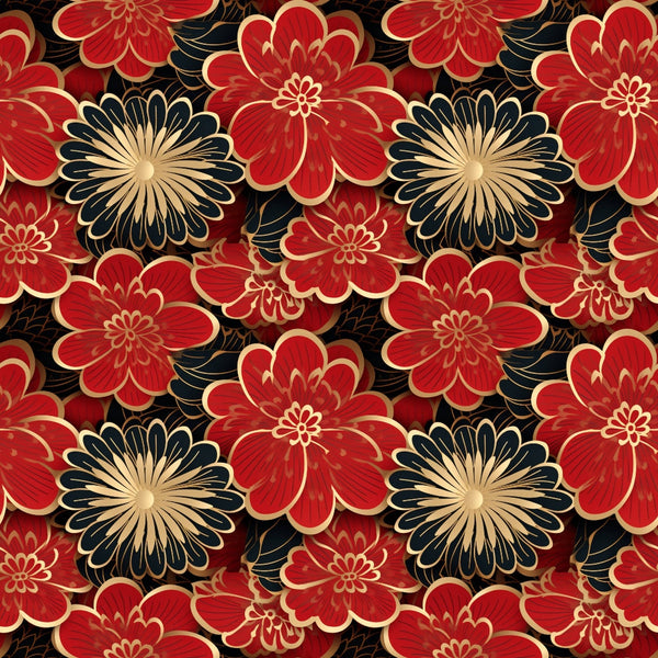 red flowers, black flowers, gold accents, cream centers, floral pattern, asian inspired, ornate blooms, repeating motif,, fabric panel, chinese style, decorative flowers, lunar themed, rich red, deep black, elegant design, oriental florals, festive colors