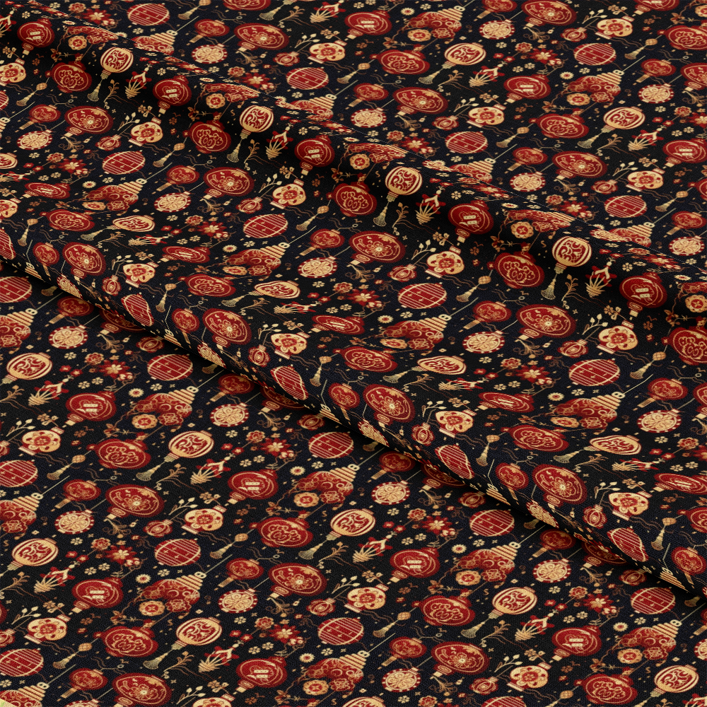 - Chinese Lunar Lantern Lights Pattern 11 Quilting Cotton Fabric  
- black background  
- red lanterns  
- gold accents  
- floral motifs  
- Asian inspired  
- quilting fabric  
- cotton material  
- traditional design  
- decorative textile  
- vibrant colors