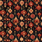 red lanterns, gold accents, black background, chinese lanterns, floral motifs, decorative patterns, lunar celebration, festive design,, fabric panel, asian inspired, ornamental details, crimson red, golden yellow, repeating pattern, cultural motifs, celebration theme, intricate designs, textile art, crafting material