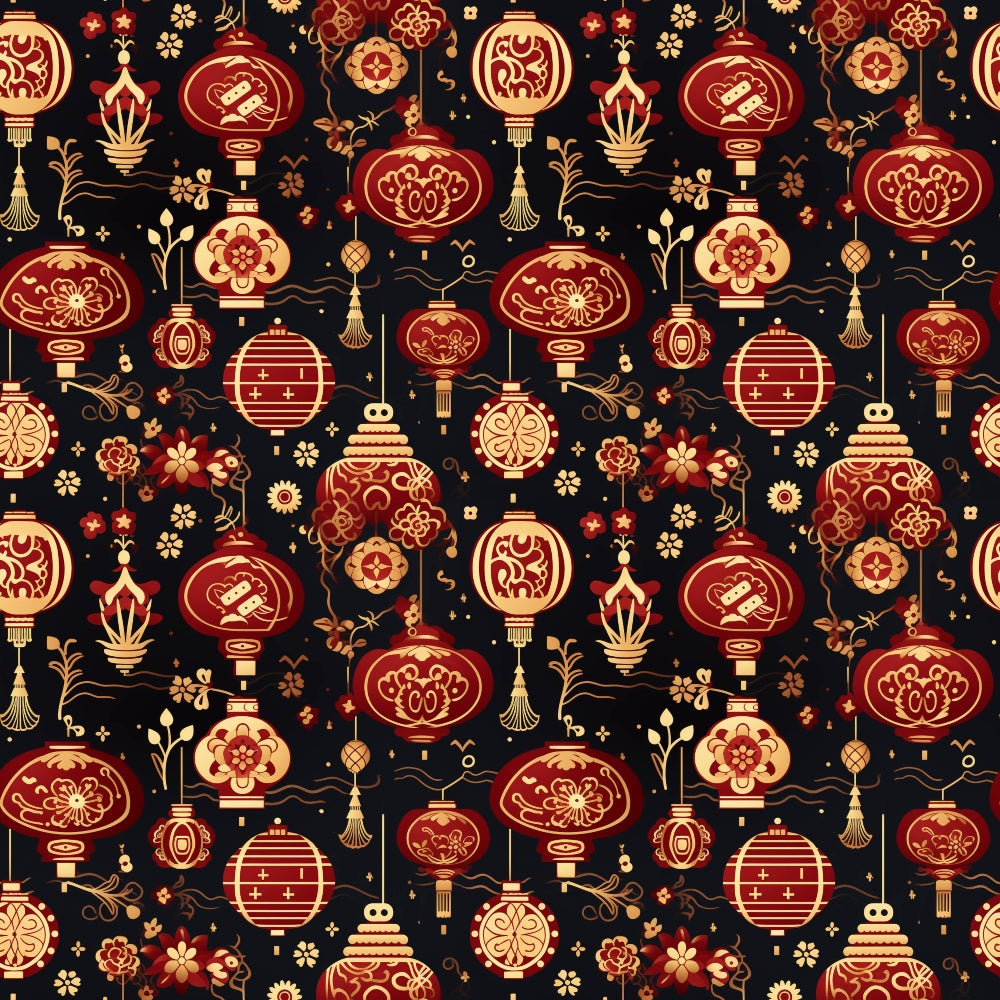 red lanterns, gold accents, black background, chinese lanterns, floral motifs, decorative patterns, lunar celebration, festive design, quilting cotton, fabric panel, asian inspired, ornamental details, crimson red, golden yellow, repeating pattern, cultural motifs, celebration theme, intricate designs, textile art, crafting material