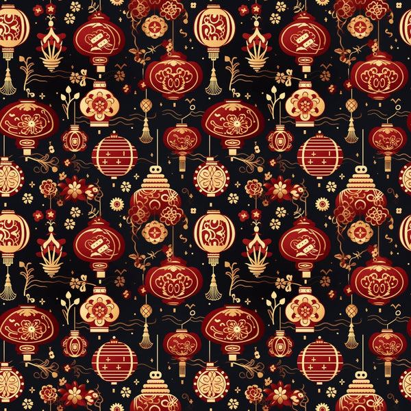 red lanterns, gold accents, black background, chinese lanterns, floral motifs, decorative patterns, lunar celebration, festive design,, fabric panel, asian inspired, ornamental details, crimson red, golden yellow, repeating pattern, cultural motifs, celebration theme, intricate designs, textile art, crafting material