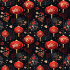 red lanterns, gold tassels, floral motifs, dark navy background, chinese new year, festive pattern,, fabric panel, ornate decorations, golden stars, botanical elements, repeating design, celebratory theme, crimson red, warm gold, decorative lanterns, asian inspired, lunar celebration, intricate details, seamless pattern