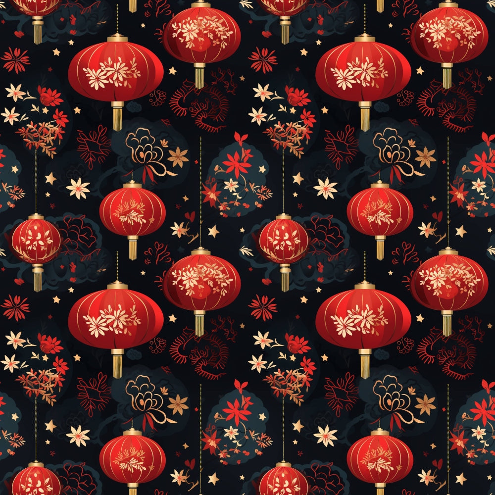 red lanterns, gold tassels, floral motifs, dark navy background, chinese new year, festive pattern, quilting cotton, fabric panel, ornate decorations, golden stars, botanical elements, repeating design, celebratory theme, crimson red, warm gold, decorative lanterns, asian inspired, lunar celebration, intricate details, seamless pattern