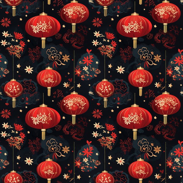 red lanterns, gold tassels, floral motifs, dark navy background, chinese new year, festive pattern,, fabric panel, ornate decorations, golden stars, botanical elements, repeating design, celebratory theme, crimson red, warm gold, decorative lanterns, asian inspired, lunar celebration, intricate details, seamless pattern