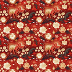 red background, gold flowers, cream blossoms, navy blue waves, floral pattern, asian inspired, lotus flowers, cloud motifs, wave designs, repeating pattern,, fabric panel, chinese style, oriental design, crimson red, golden accents, botanical elements, seamless repeat, decorative waves