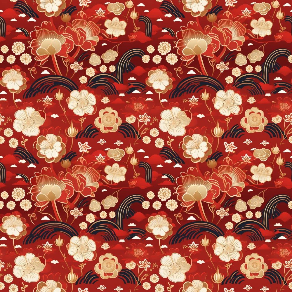 red background, gold flowers, cream blossoms, navy blue waves, floral pattern, asian inspired, lotus flowers, cloud motifs, wave designs, repeating pattern,, fabric panel, chinese style, oriental design, crimson red, golden accents, botanical elements, seamless repeat, decorative waves