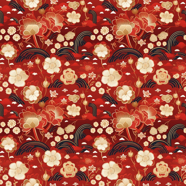 red background, gold flowers, cream blossoms, navy blue waves, floral pattern, asian inspired, lotus flowers, cloud motifs, wave designs, repeating pattern,, fabric panel, chinese style, oriental design, crimson red, golden accents, botanical elements, seamless repeat, decorative waves