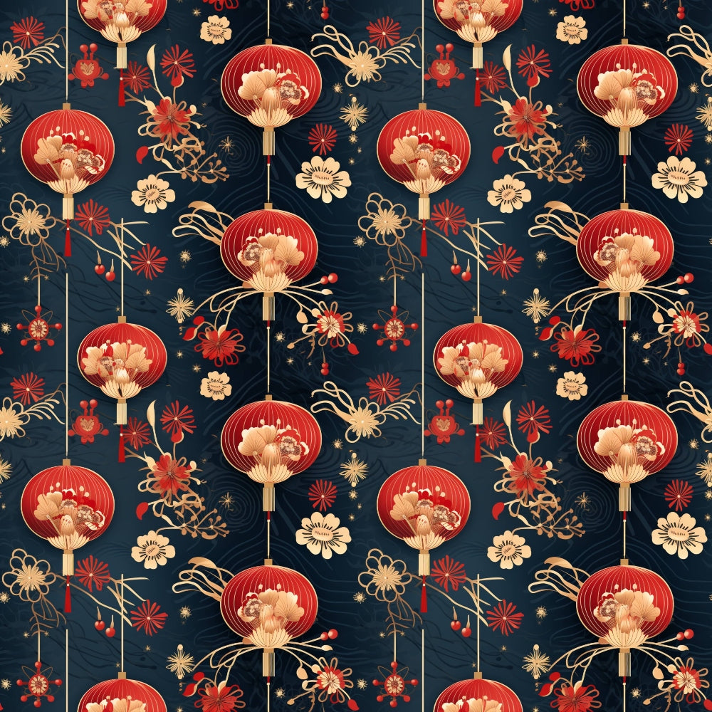 chinese lanterns, red lanterns, navy blue background, gold accents, floral motifs, peony flowers, fireworks, stars, asian inspired, lunar new year, festive pattern,, fabric panel, ornate design, decorative elements, cultural motifs, celebration theme, intricate details, repeating pattern, textile design