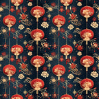 chinese lanterns, red lanterns, navy blue background, gold accents, floral motifs, peony flowers, fireworks, stars, asian inspired, lunar new year, festive pattern,, fabric panel, ornate design, decorative elements, cultural motifs, celebration theme, intricate details, repeating pattern, textile design