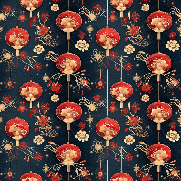 chinese lanterns, red lanterns, navy blue background, gold accents, floral motifs, peony flowers, fireworks, stars, asian inspired, lunar new year, festive pattern,, fabric panel, ornate design, decorative elements, cultural motifs, celebration theme, intricate details, repeating pattern, textile design