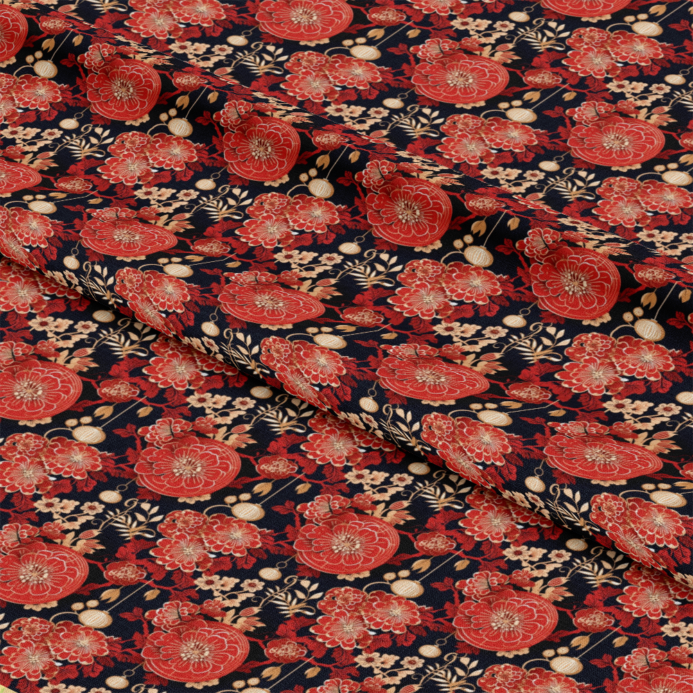 - Chinese Lunar Lantern Lights Pattern 3 Quilting Cotton Fabric  
- Floral design  
- Red, black, beige colors  
- Quilting cotton material  
- Ornamental lantern shapes  
- Traditional Asian motifs  
- Yardage fabric for sewing  
- Decorative textile