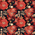 red flowers, gold lanterns, black background, floral pattern, chinese motifs,, fabric panel, ornamental design, asian inspired, burgundy blooms, hanging lanterns, decorative spheres, botanical elements, crimson petals, golden accents, repeating pattern, lunar theme, oriental style, festive design, coral tones
