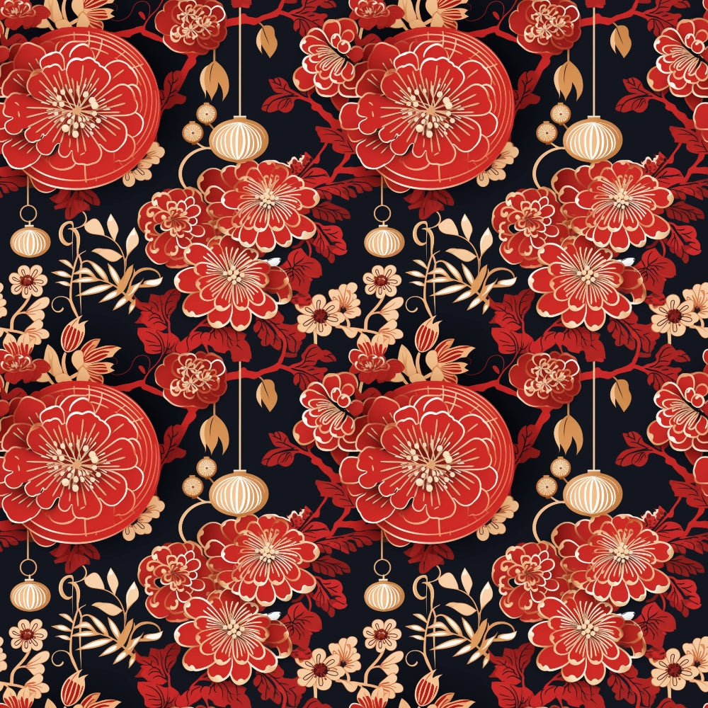 red flowers, gold lanterns, black background, floral pattern, chinese motifs, quilting cotton, fabric panel, ornamental design, asian inspired, burgundy blooms, hanging lanterns, decorative spheres, botanical elements, crimson petals, golden accents, repeating pattern, lunar theme, oriental style, festive design, coral tones