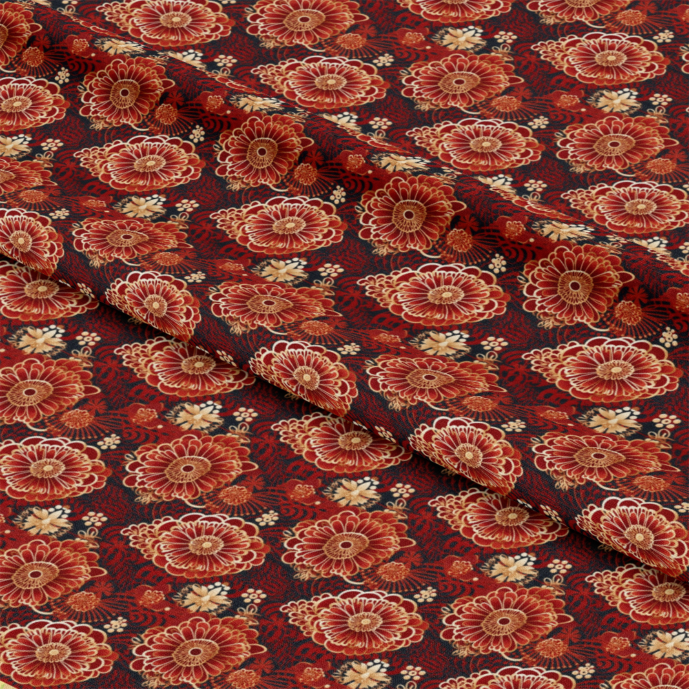 - Chinese Lunar Lantern Lights Pattern 4 Quilting Cotton Fabric  
- floral design  
- red, maroon, beige colors  
- circular motifs  
- quilting fabric  
- cotton material  
- intricate detailed print  
- traditional Asian style  
- fabric by the yard  
- home decor fabric