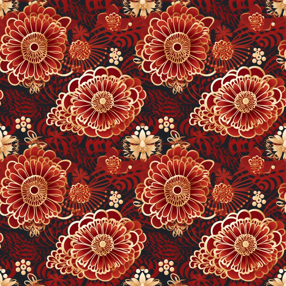 burgundy, crimson, gold, cream, black, floral pattern, chrysanthemum flowers, botanical design, asian inspired, ornate blooms, decorative motifs, quilting cotton, fabric panel, rich colors, elegant florals, repeating pattern, textile design, sophisticated palette, oriental style, luxurious appearance