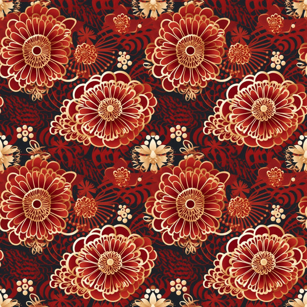 burgundy, crimson, gold, cream, black, floral pattern, chrysanthemum flowers, botanical design, asian inspired, ornate blooms, decorative motifs,, fabric panel, rich colors, elegant florals, repeating pattern, textile design, sophisticated palette, oriental style, luxurious appearance
