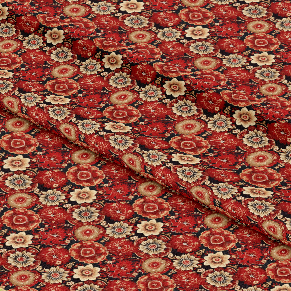 - Chinese Lunar Lantern Lights Pattern 5 Quilting Cotton Fabric  
- floral design  
- red background  
- beige flowers  
- dark accents  
- quilting cotton  
- textile yardage  
- decorative fabric  
- traditional motifs  
- sewing material