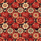 red fabric, black background, cream flowers, burgundy blooms, floral pattern, ornate blossoms, decorative motifs, asian inspired, repeating design,, fabric panel, botanical elements, intricate details, warm tones, rich colors, stylized flowers, oriental style, crafting material, sewing fabric