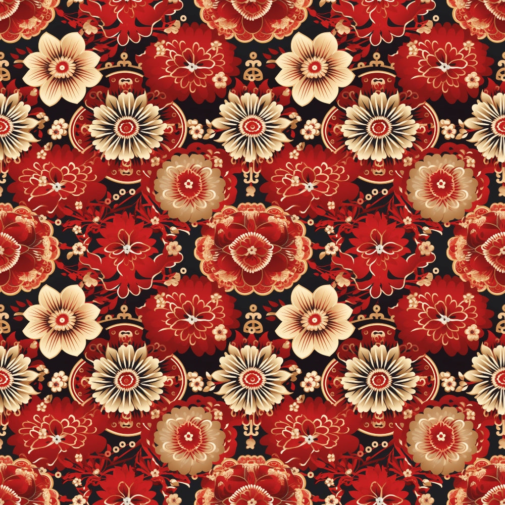 red fabric, black background, cream flowers, burgundy blooms, floral pattern, ornate blossoms, decorative motifs, asian inspired, repeating design, quilting cotton, fabric panel, botanical elements, intricate details, warm tones, rich colors, stylized flowers, oriental style, crafting material, sewing fabric