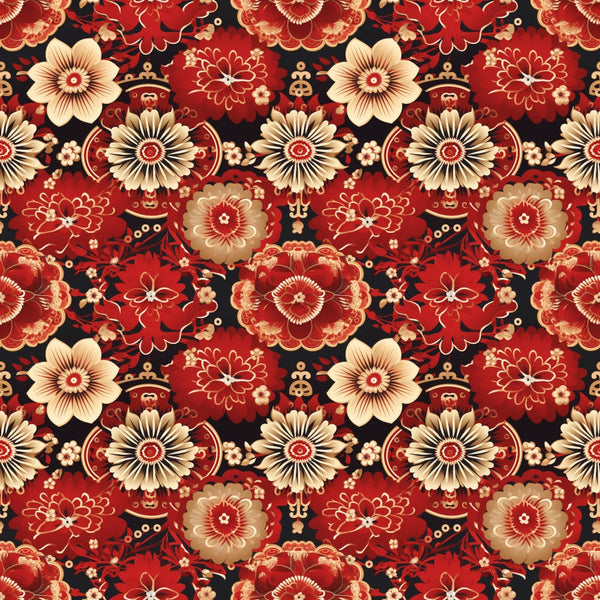 red fabric, black background, cream flowers, burgundy blooms, floral pattern, ornate blossoms, decorative motifs, asian inspired, repeating design,, fabric panel, botanical elements, intricate details, warm tones, rich colors, stylized flowers, oriental style, crafting material, sewing fabric