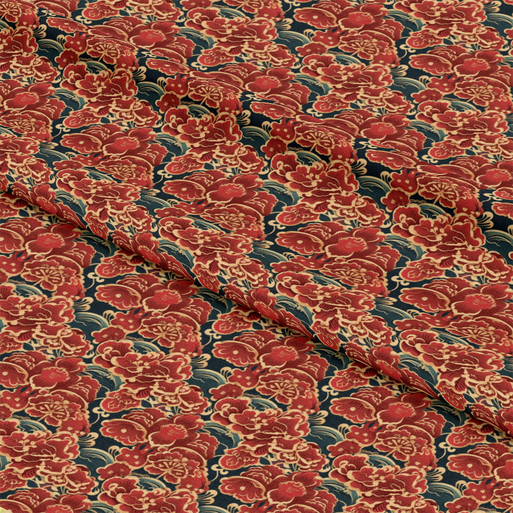 - Chinese Lunar Lantern Lights Pattern 6 Quilting Cotton Fabric  
- red floral design  
- dark green background  
- gold outlines  
- traditional Asian motif  
- cotton material  
- quilting fabric  
- decorative textile  
- ornamental print  
- elegant fabric textile