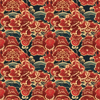 chinese lanterns, red florals, gold accents, navy background, oriental flowers, peonies, decorative motifs, asian inspired, lunar patterns,, fabric panel, ornate designs, burgundy tones, cream details, festive motifs, intricate florals, cultural patterns, decorative elements, rich colors