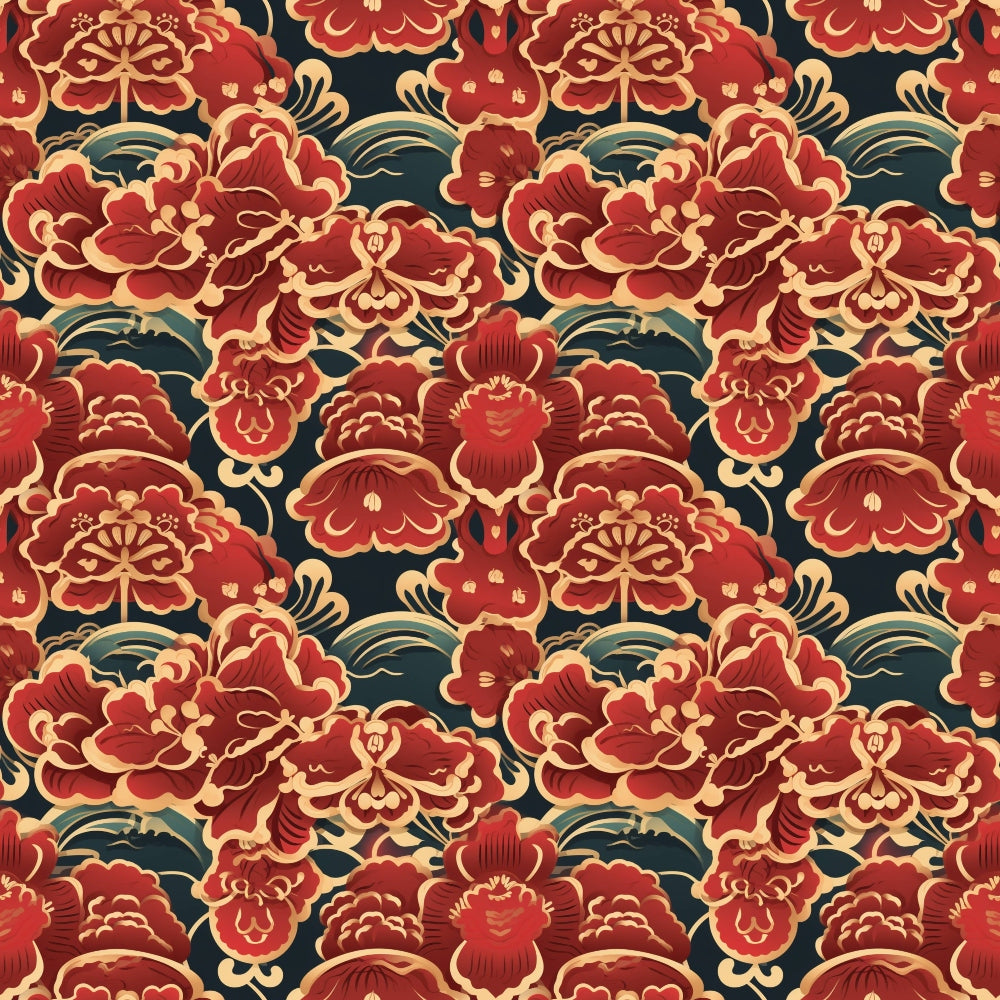 chinese lanterns, red florals, gold accents, navy background, oriental flowers, peonies, decorative motifs, asian inspired, lunar patterns, quilting cotton, fabric panel, ornate designs, burgundy tones, cream details, festive motifs, intricate florals, cultural patterns, decorative elements, rich colors