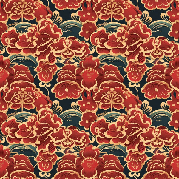 chinese lanterns, red florals, gold accents, navy background, oriental flowers, peonies, decorative motifs, asian inspired, lunar patterns,, fabric panel, ornate designs, burgundy tones, cream details, festive motifs, intricate florals, cultural patterns, decorative elements, rich colors
