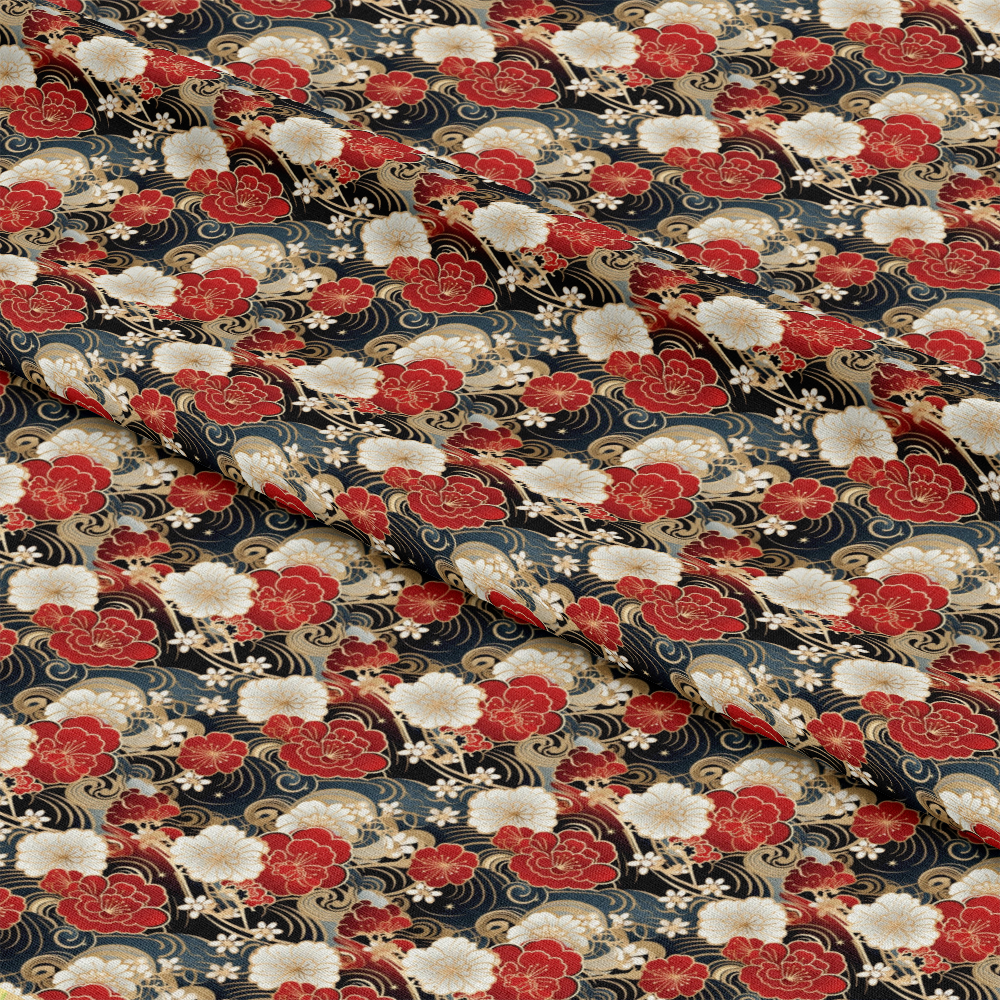 - Chinese Lunar Lantern Lights Pattern 7 Quilting Cotton Fabric  
- Floral design, blossoms, lantern motifs  
- Colors: red, white, gold, black, navy  
- Cotton textile, quilting material, traditional Asian style  
- Decorative, yardage fabric, elegant print, intricate details