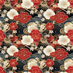 red, gold, black, white, floral pattern, peonies, cherry blossoms, swirling clouds, waves, japanese style, asian motif, ornate flowers,, fabric panel, elegant design, festive colors, botanical elements, flowing lines, decorative swirls