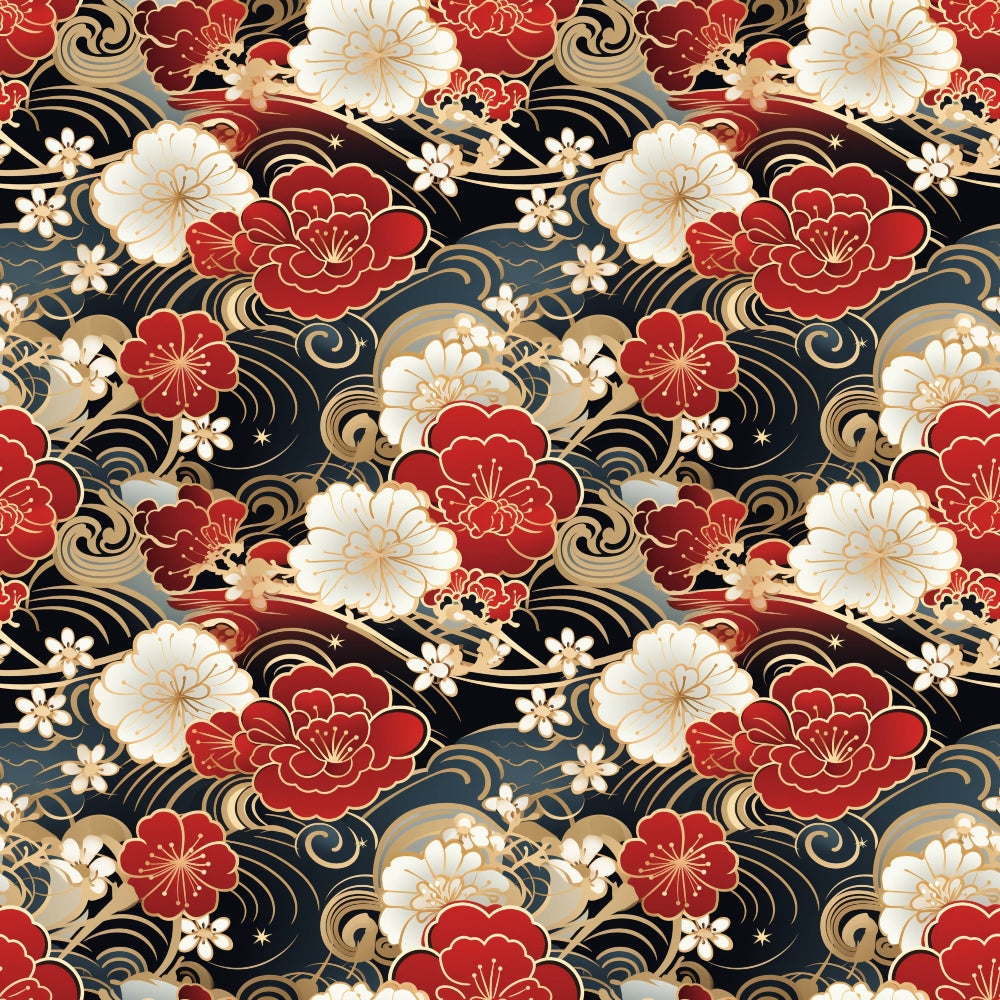 red, gold, black, white, floral pattern, peonies, cherry blossoms, swirling clouds, waves, japanese style, asian motif, ornate flowers, quilting cotton, fabric panel, elegant design, festive colors, botanical elements, flowing lines, decorative swirls